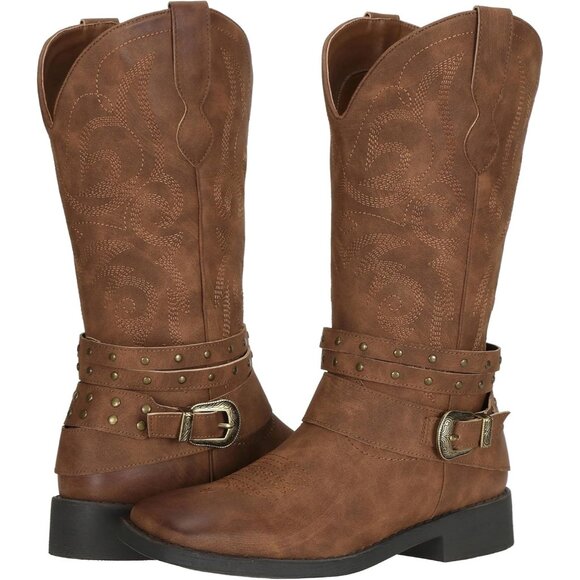 Women's Cowgirl Boots with Buckles Wide Mid Calf Western Cowboy Boots Square Toe - Picture 3 of 8